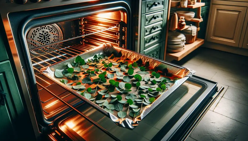 Placing Eucalyptus leaves in oven
