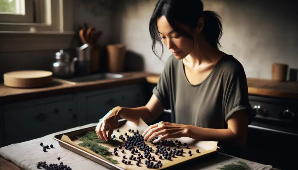 Woman arranging juniper berries on baking sheet