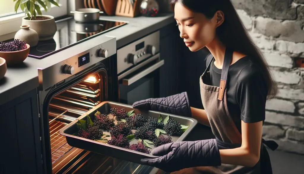 Placing elderberries in oven