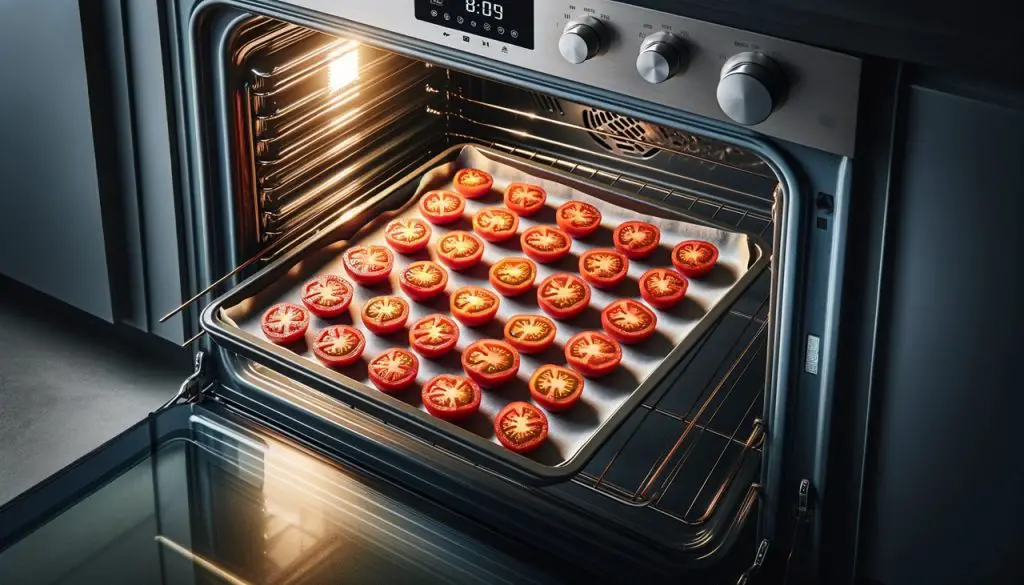 How to Oven Dry Fresh Tomatoes: Tomatoes in oven