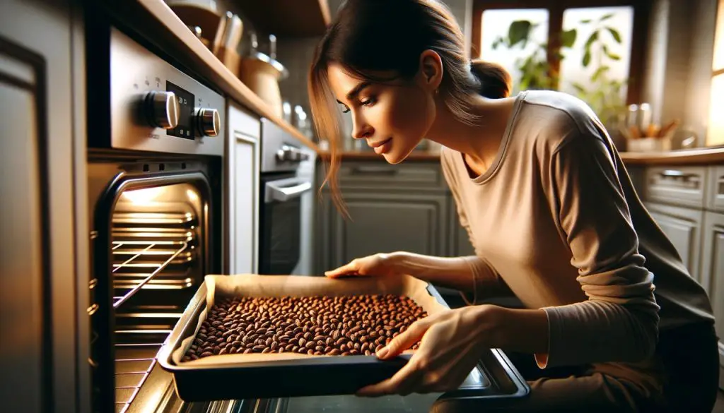 Woman placing locust beans in oven